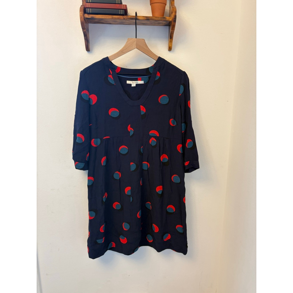Boden Mollie Tunic Dress Navy Blue with Red & Teal Circle Print, Size 10L